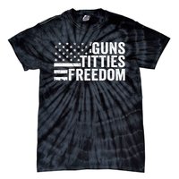 Guns Titties & Freedom Mens Funny Drinking Usa Flag Pullover Hoodie Tie-Dye T-Shirt