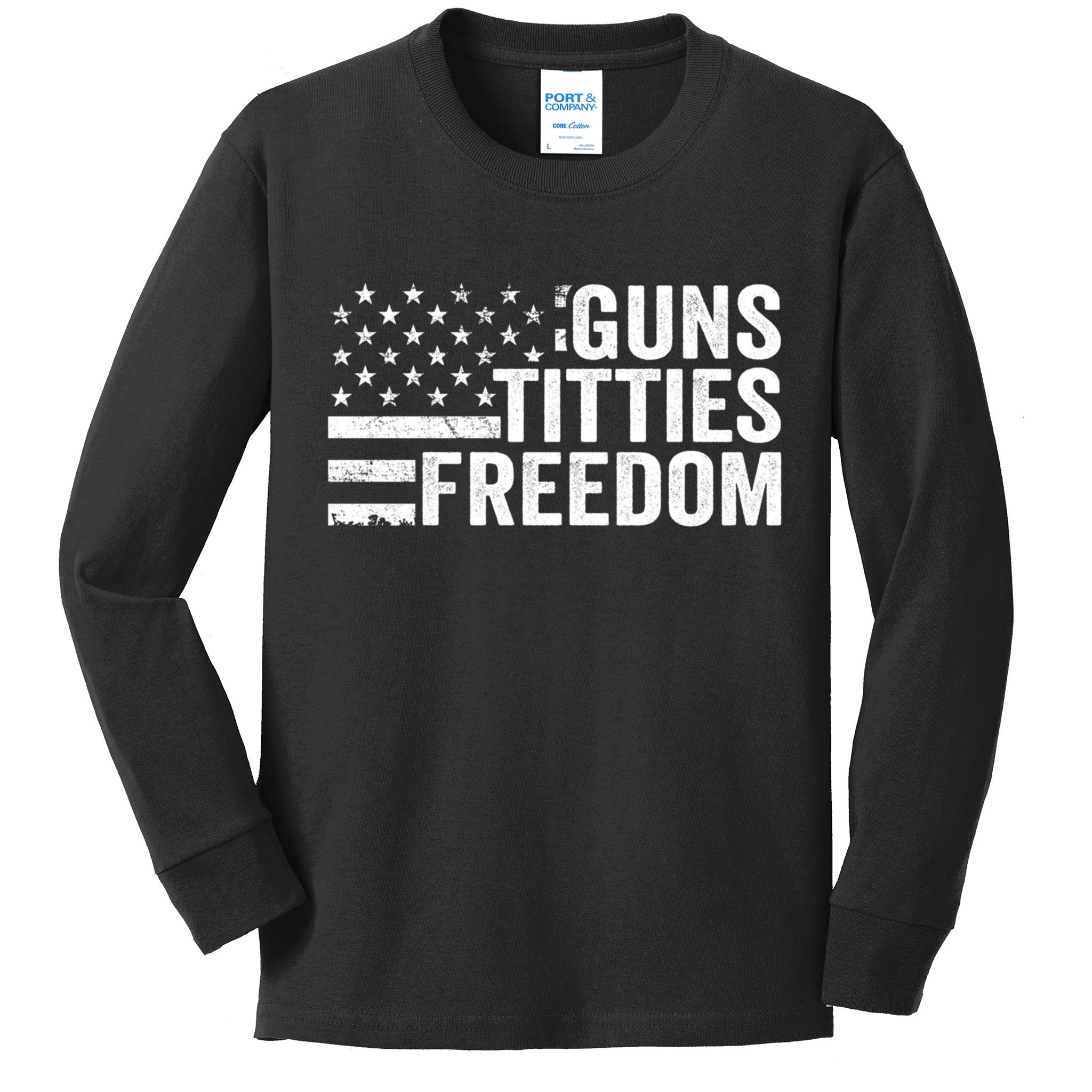 Guns Titties & Freedom Mens Funny Drinking Usa Flag Pullover Hoodie Kids Long Sleeve Shirt