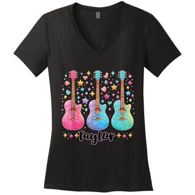 Girl Taylor First Name Personalized Groovy 80S Women's V-Neck T-Shirt