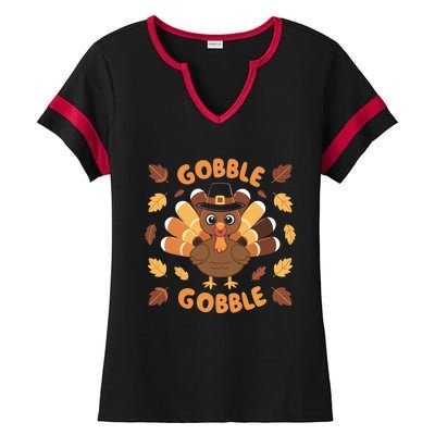 Gobble Turkey Fall Autumn Thanksgiving Ladies Halftime Notch Neck Tee