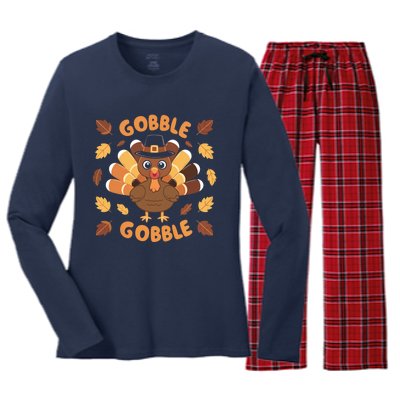 Gobble Turkey Fall Autumn Thanksgiving Women's Long Sleeve Flannel Pajama Set 