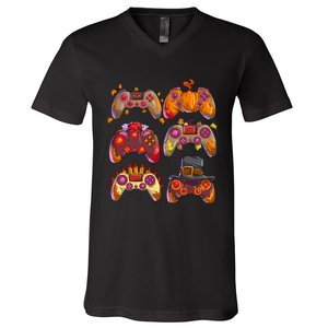 Gamer Thanksgiving Gaming Controllers Turkey Pumpkin V-Neck T-Shirt