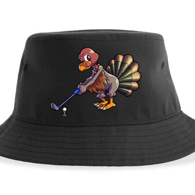 Golfing Turkey Golf Club Funny Thanksgiving Sustainable Bucket Hat