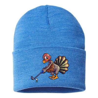 Golfing Turkey Golf Club Funny Thanksgiving Sustainable Knit Beanie