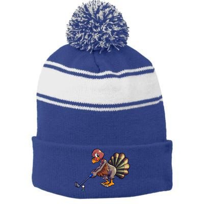 Golfing Turkey Golf Club Funny Thanksgiving Stripe Pom Pom Beanie