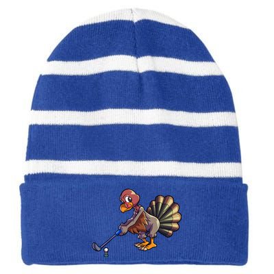 Golfing Turkey Golf Club Funny Thanksgiving Striped Beanie with Solid Band