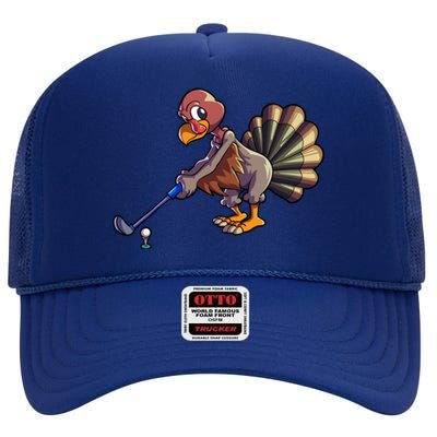 Golfing Turkey Golf Club Funny Thanksgiving High Crown Mesh Back Trucker Hat