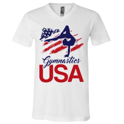 Girl Tumbling Gymnast Gymnastics Usa American Flag V-Neck T-Shirt