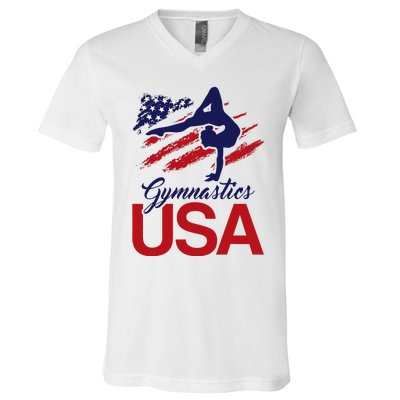 Girl Tumbling Gymnast Gymnastics Usa American Flag V-Neck T-Shirt