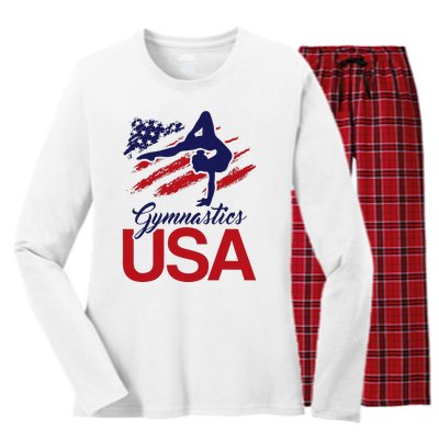 Girl Tumbling Gymnast Gymnastics Usa American Flag Women's Long Sleeve Flannel Pajama Set 