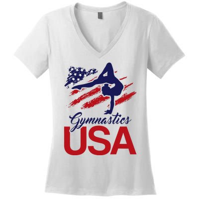 Girl Tumbling Gymnast Gymnastics Usa American Flag Women's V-Neck T-Shirt