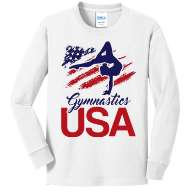 Girl Tumbling Gymnast Gymnastics Usa American Flag Kids Long Sleeve Shirt