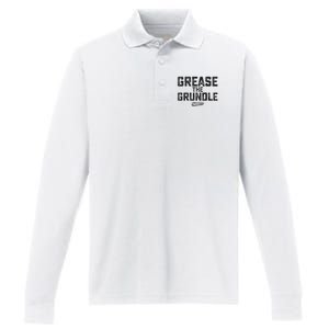 Grease The Grundle Funny Distressed Text Running Performance Long Sleeve Polo