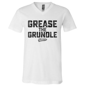 Grease The Grundle Funny Distressed Text Running V-Neck T-Shirt