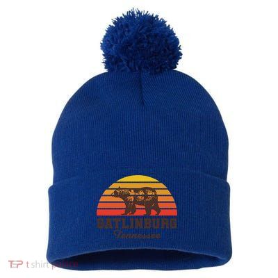 Gatlinburg Tennessee Great Smoky Mountains Bear Retro Sunset Gift Pom Pom 12in Knit Beanie