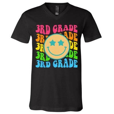 Groovy Third Grade Vibes Face Retro Teachers Back To School V-Neck T-Shirt