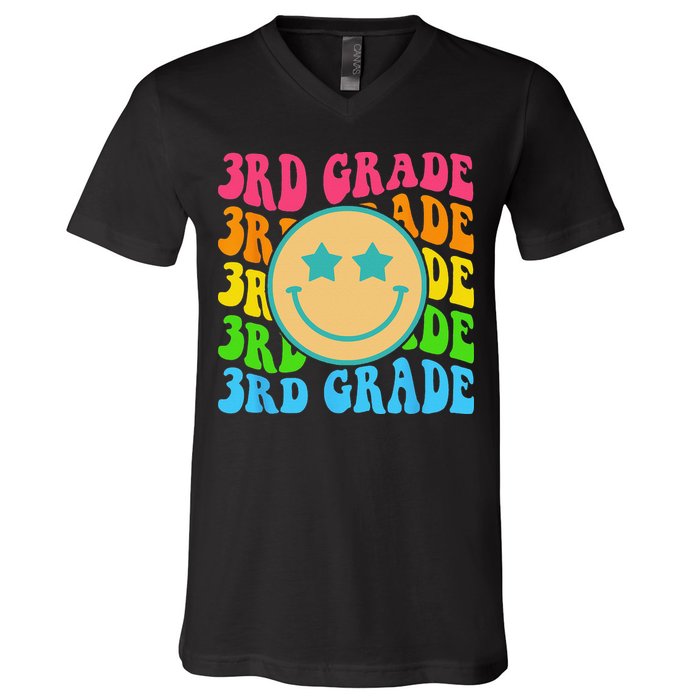 Groovy Third Grade Vibes Face Retro Teachers Back To School V-Neck T-Shirt
