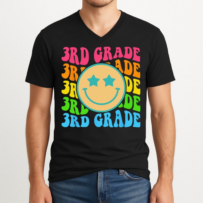 Groovy Third Grade Vibes Face Retro Teachers Back To School V-Neck T-Shirt