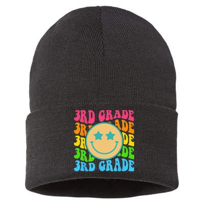 Groovy Third Grade Vibes Face Retro Teachers Back To School Sustainable Knit Beanie