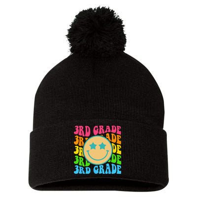 Groovy Third Grade Vibes Face Retro Teachers Back To School Pom Pom 12in Knit Beanie