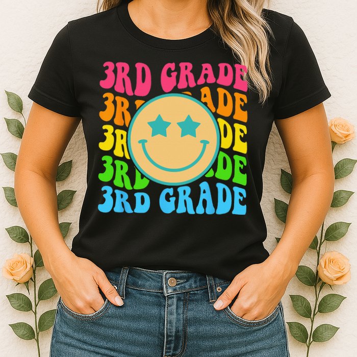 Groovy Third Grade Vibes Face Retro Teachers Back To School Womens T-Shirt
