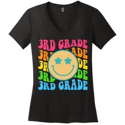 Groovy Third Grade Vibes Face Retro Teachers Back To School Women's V-Neck T-Shirt