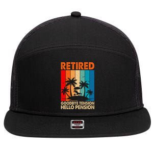 Goodbye Tension Hello Pension Beach Palm Trees Retirement 7 Panel Mesh Trucker Snapback Hat