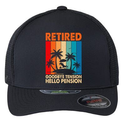 Goodbye Tension Hello Pension Beach Palm Trees Retirement Flexfit Unipanel Trucker Cap