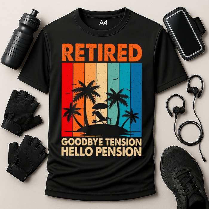 Goodbye Tension Hello Pension Beach Palm Trees Retirement Cooling Performance Crew T-Shirt