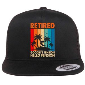 Goodbye Tension Hello Pension Beach Palm Trees Retirement Flat Bill Trucker Hat