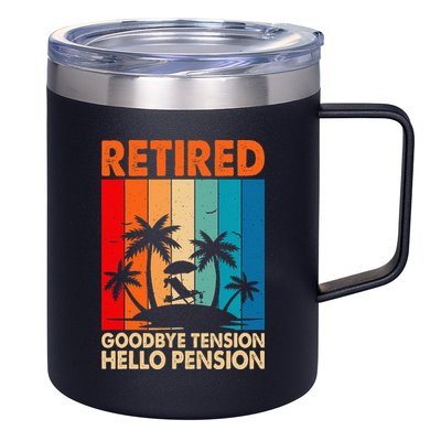 Goodbye Tension Hello Pension Beach Palm Trees Retirement 12oz Stainless Steel Coffee Mug