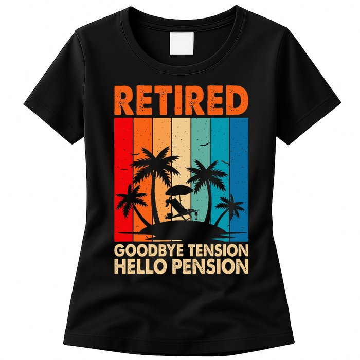 Goodbye Tension Hello Pension Beach Palm Trees Retirement Womens T-Shirt