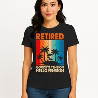 Goodbye Tension Hello Pension Beach Palm Trees Retirement Womens T-Shirt