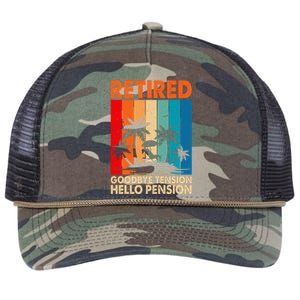 Goodbye Tension Hello Pension Beach Palm Trees Retirement Retro Rope Trucker Hat Cap