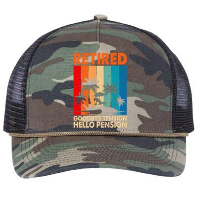 Goodbye Tension Hello Pension Beach Palm Trees Retirement Retro Rope Trucker Hat Cap