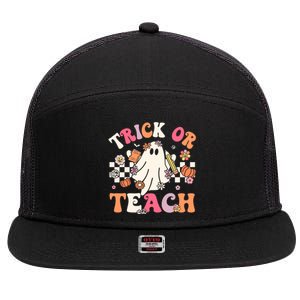 Groovy Teacher Halloween Retro Trick Or Teach Floral Ghost Gift 7 Panel Mesh Trucker Snapback Hat