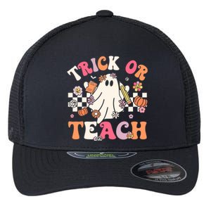 Groovy Teacher Halloween Retro Trick Or Teach Floral Ghost Gift Flexfit Unipanel Trucker Cap