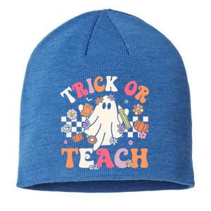 Groovy Teacher Halloween Retro Trick Or Teach Floral Ghost Gift Sustainable Beanie