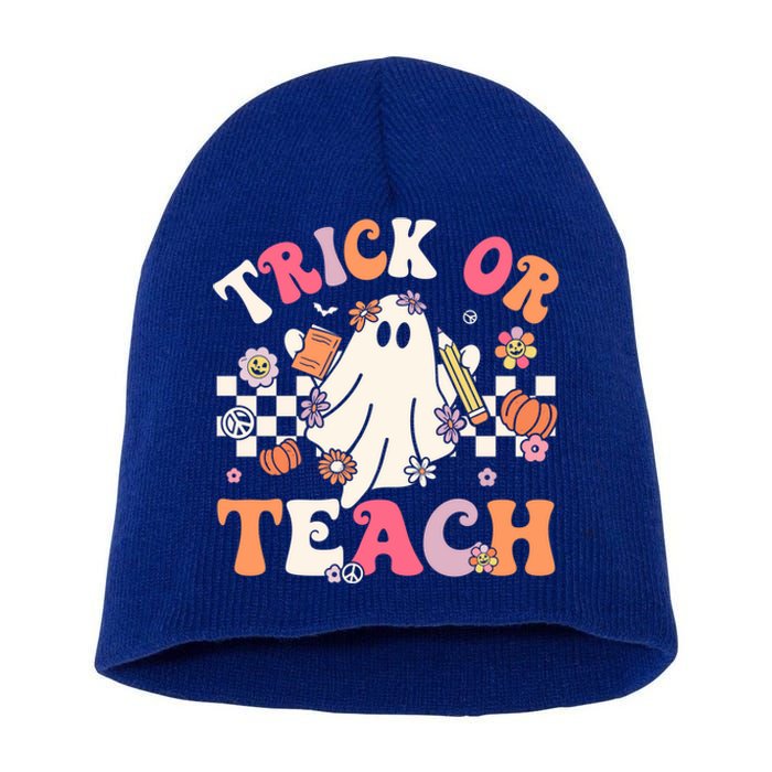 Groovy Teacher Halloween Retro Trick Or Teach Floral Ghost Gift Short Acrylic Beanie