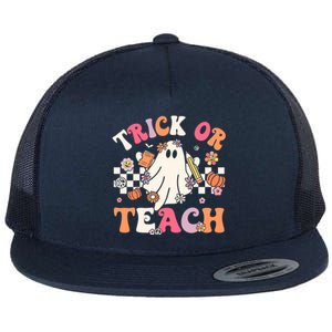 Groovy Teacher Halloween Retro Trick Or Teach Floral Ghost Gift Flat Bill Trucker Hat