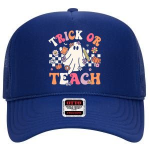 Groovy Teacher Halloween Retro Trick Or Teach Floral Ghost Gift High Crown Mesh Back Trucker Hat