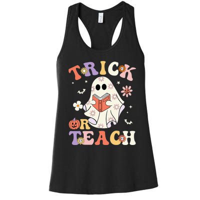 Groovy Teacher Halloween Trick Or Teach Retro Floral Ghost Women's Racerback Tank