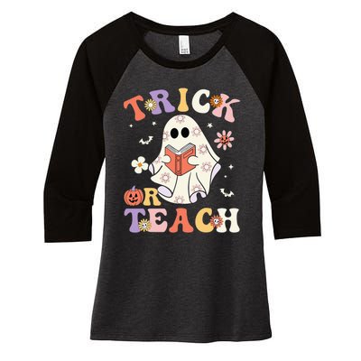 Groovy Teacher Halloween Trick Or Teach Retro Floral Ghost Women's Tri-Blend 3/4-Sleeve Raglan Shirt