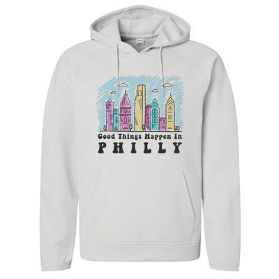 Good Things Happen In Philly Shirt, Philadelphia Skyline Performance Fleece Hoodie