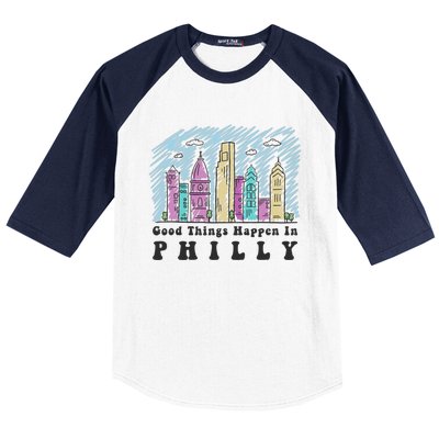 Good Things Happen In Philly Shirt, Philadelphia Skyline Baseball Sleeve Shirt