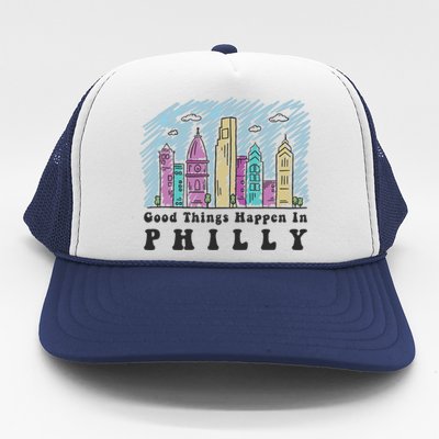 Good Things Happen In Philly Shirt, Philadelphia Skyline Trucker Hat