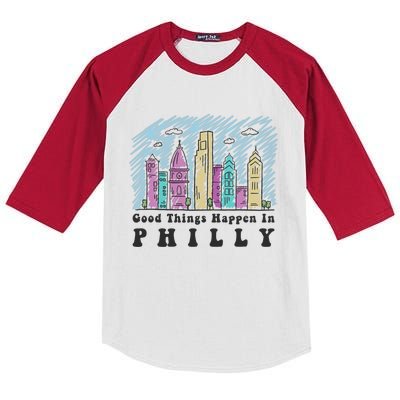 Good Things Happen In Philly Shirt, Philadelphia Skyline Kids Colorblock Raglan Jersey