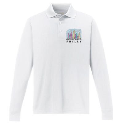 Good Things Happen In Philly Shirt, Philadelphia Skyline Performance Long Sleeve Polo