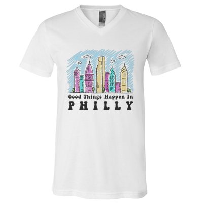 Good Things Happen In Philly Shirt, Philadelphia Skyline V-Neck T-Shirt