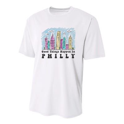 Good Things Happen In Philly Shirt, Philadelphia Skyline Youth Performance Sprint T-Shirt